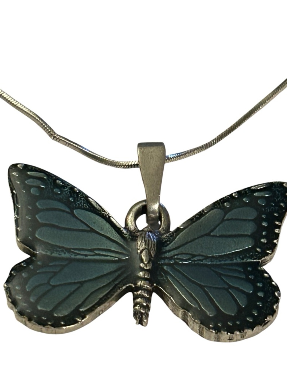 Blue silver tone reversible Enamel Butterfly Necklace 16” chain pendant
